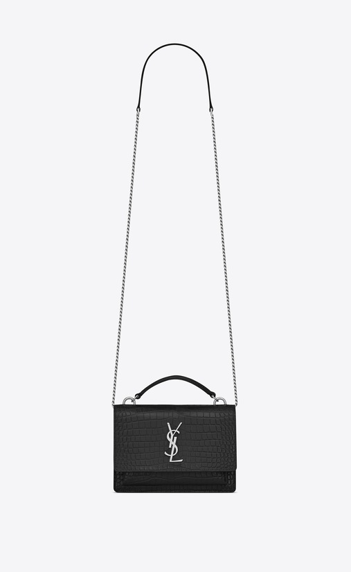 Sunset Chain Wallet aus schwarzem Glanzleder mit Krokodillederprägung